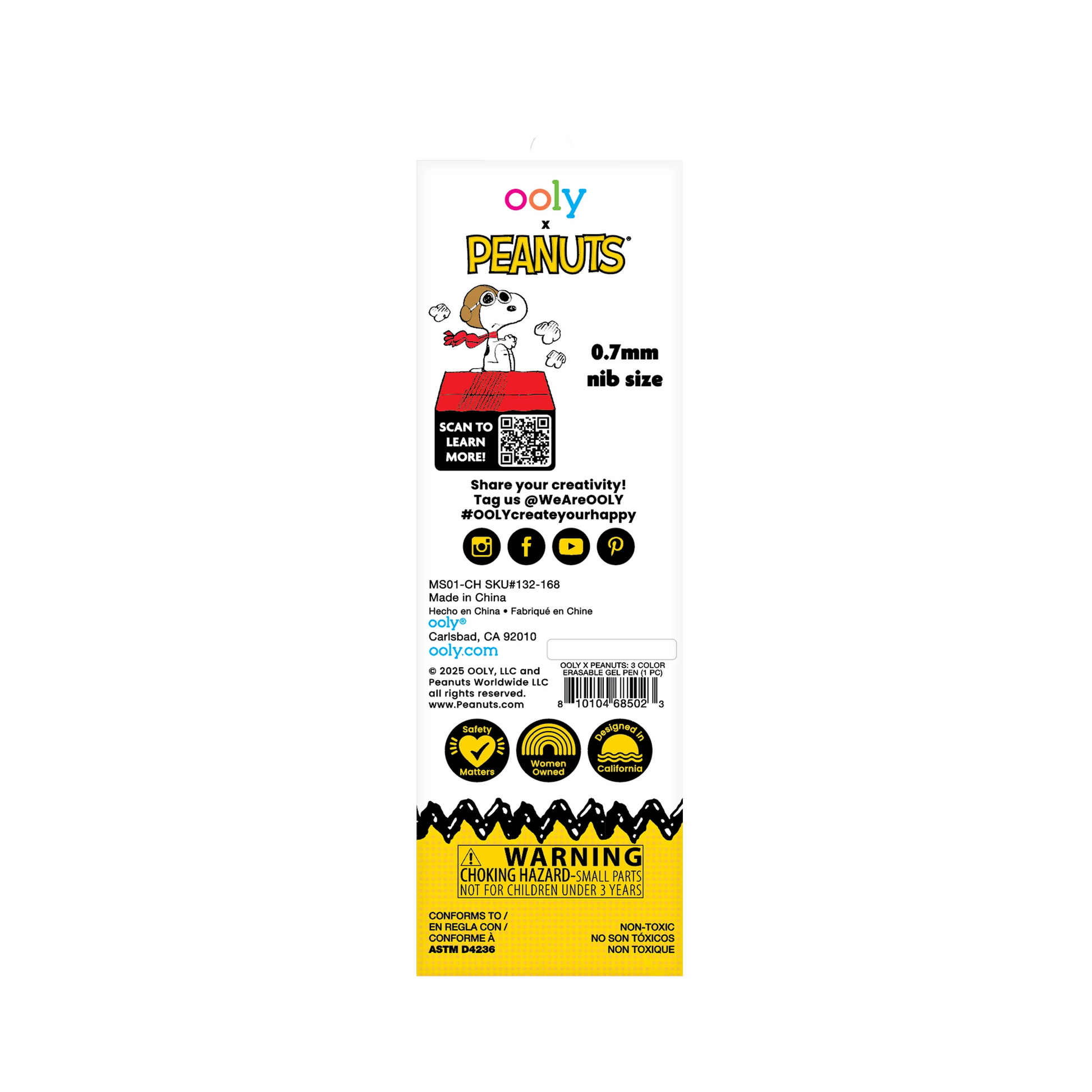 Back of packaging of OOLY x Peanuts - 3 Color Erasable Gel Pen