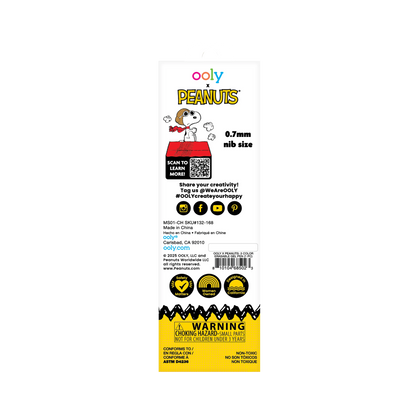 Back of packaging of OOLY x Peanuts - 3 Color Erasable Gel Pen