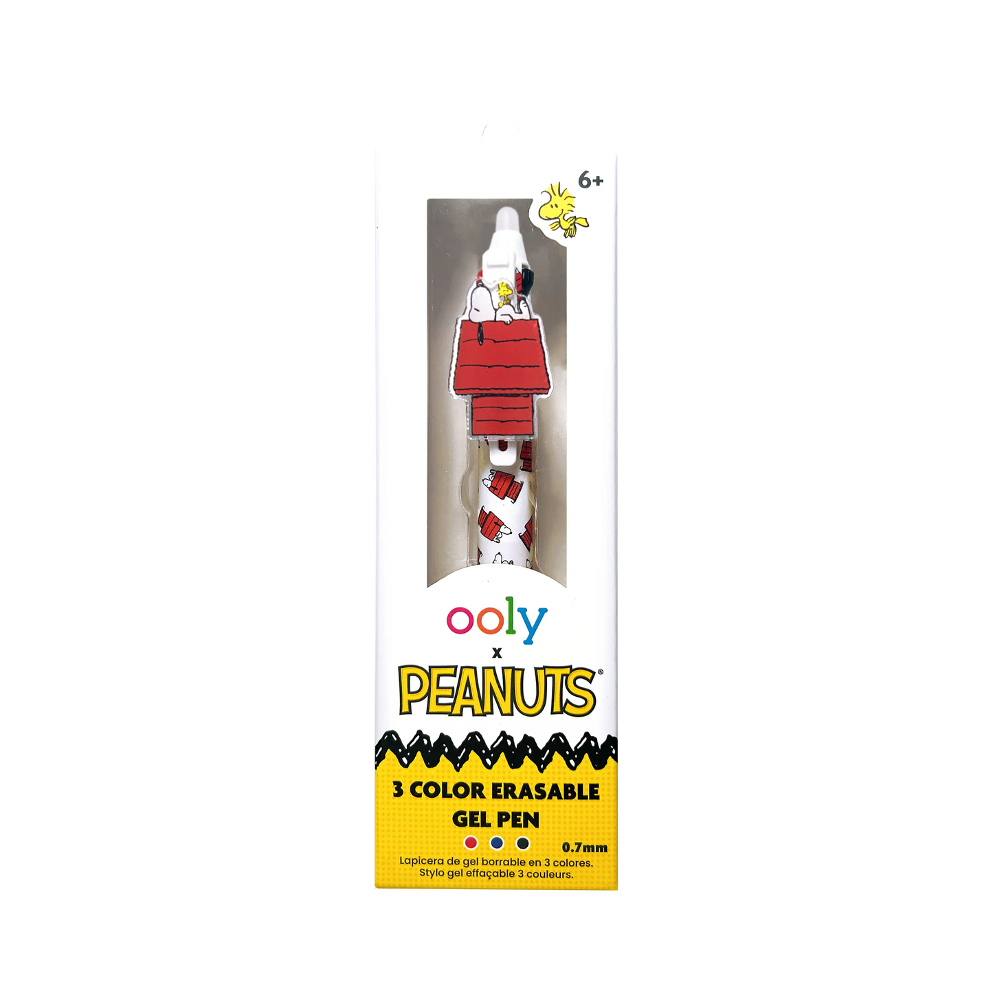 Front of packaging of OOLY x Peanuts - 3 Color Erasable Gel Pen