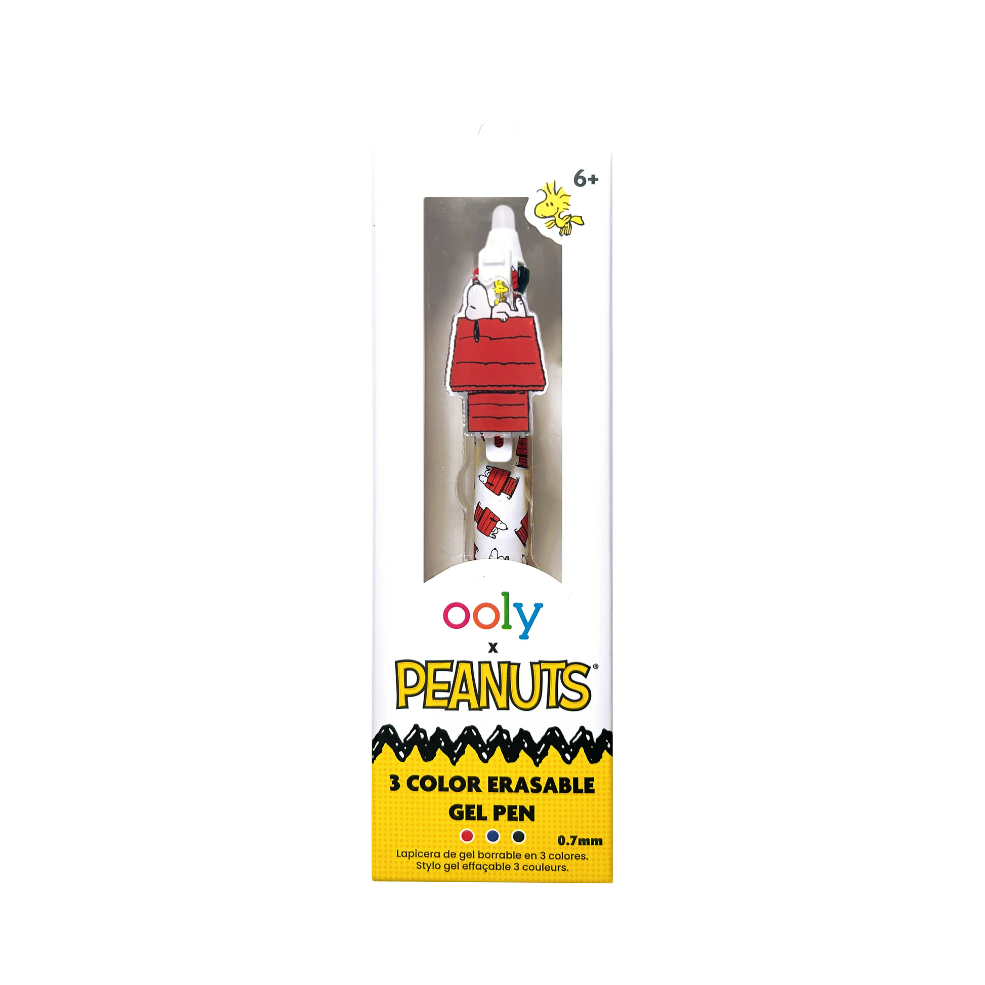 Front of packaging of OOLY x Peanuts - 3 Color Erasable Gel Pen