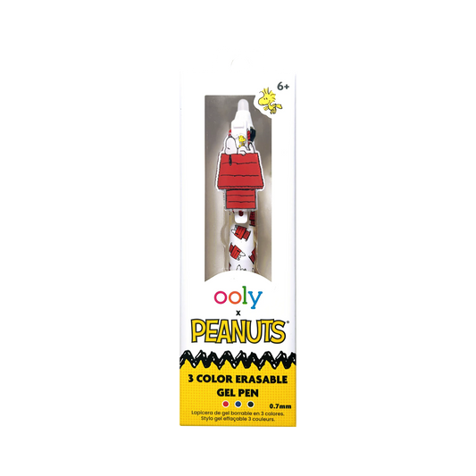 Front of packaging of OOLY x Peanuts - 3 Color Erasable Gel Pen