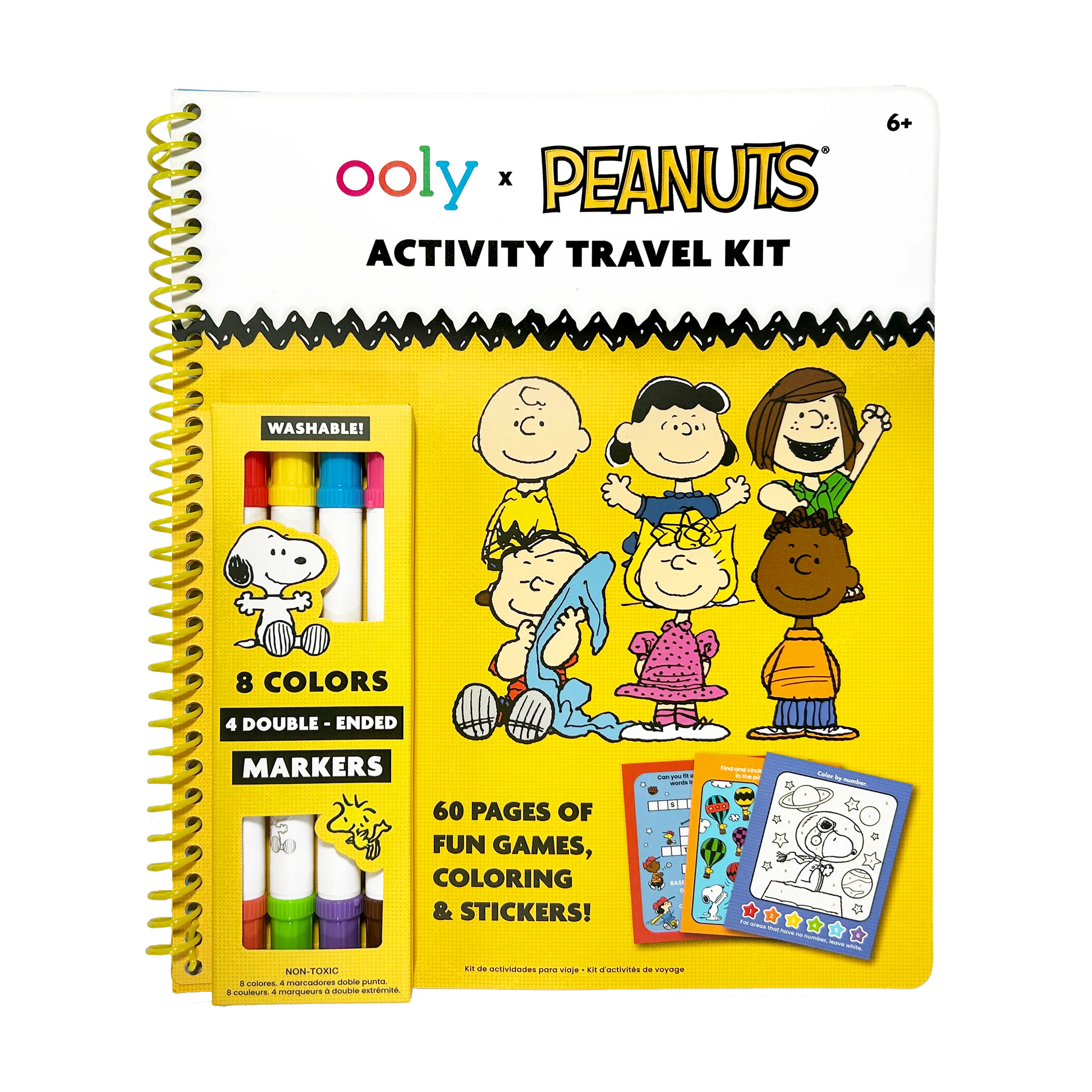 Front cover and marker set of the OOLY x Peanuts Activity Travel Kit & Double-Ended Markers set