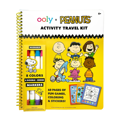 Front cover and marker set of the OOLY x Peanuts Activity Travel Kit & Double-Ended Markers set