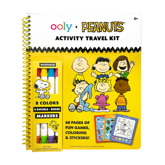 Front cover and marker set of the OOLY x Peanuts Activity Travel Kit & Double-Ended Markers set