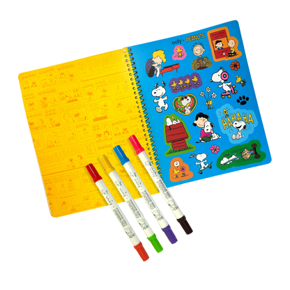 Opened activity book on sticker page with 4 markers from the OOLY x Peanuts Activity Travel Kit & Double-Ended Markers set