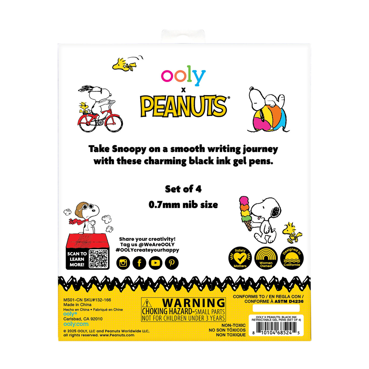 Back of packaging of OOLY x Peanuts - Black Ink Retractable Gel Pens