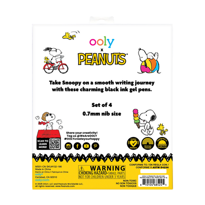 Back of packaging of OOLY x Peanuts - Black Ink Retractable Gel Pens