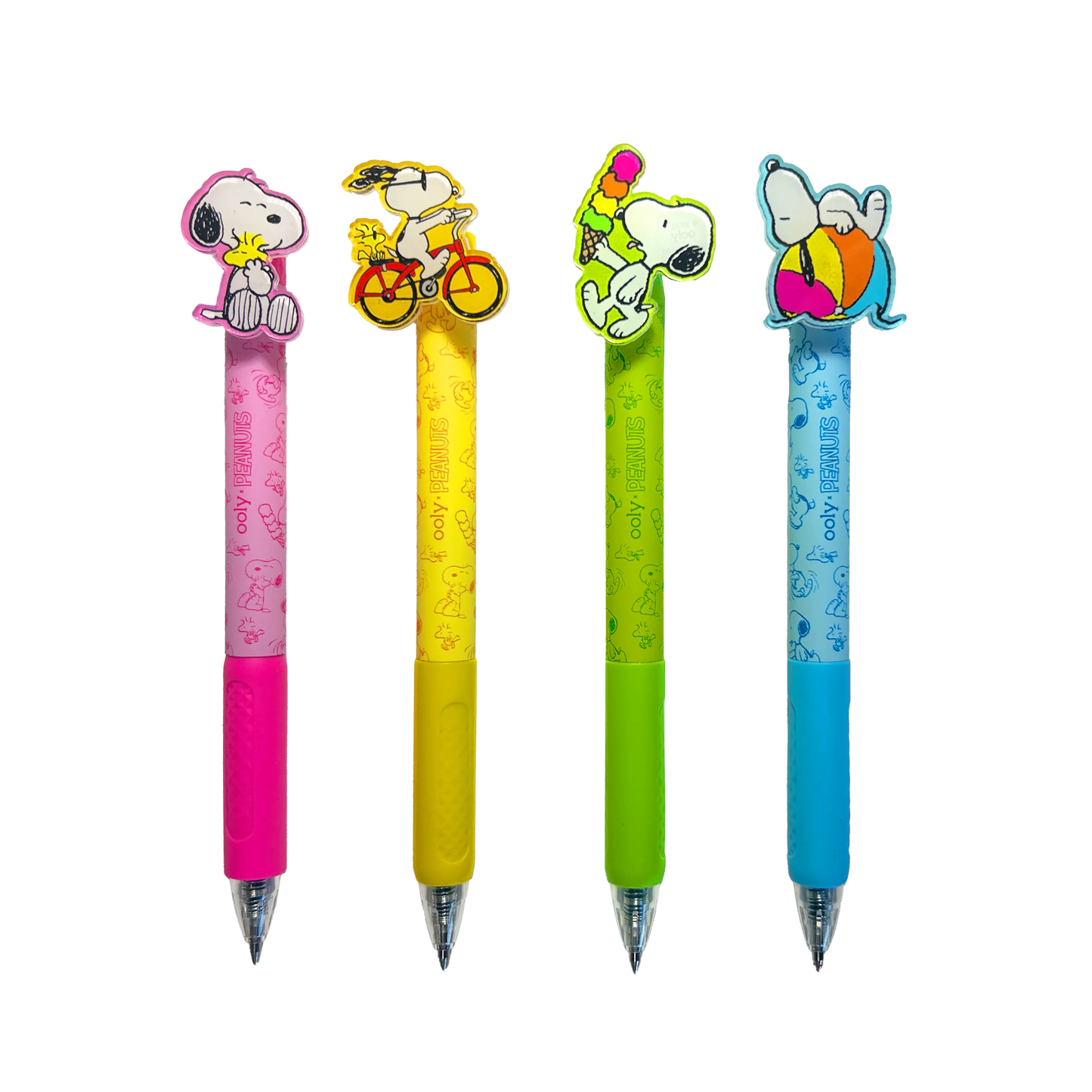 All 4 gel pens featuring toppers with Snoopy from the OOLY x Peanuts - Black Ink Retractable Gel Pens