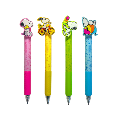 All 4 gel pens featuring toppers with Snoopy from the OOLY x Peanuts - Black Ink Retractable Gel Pens