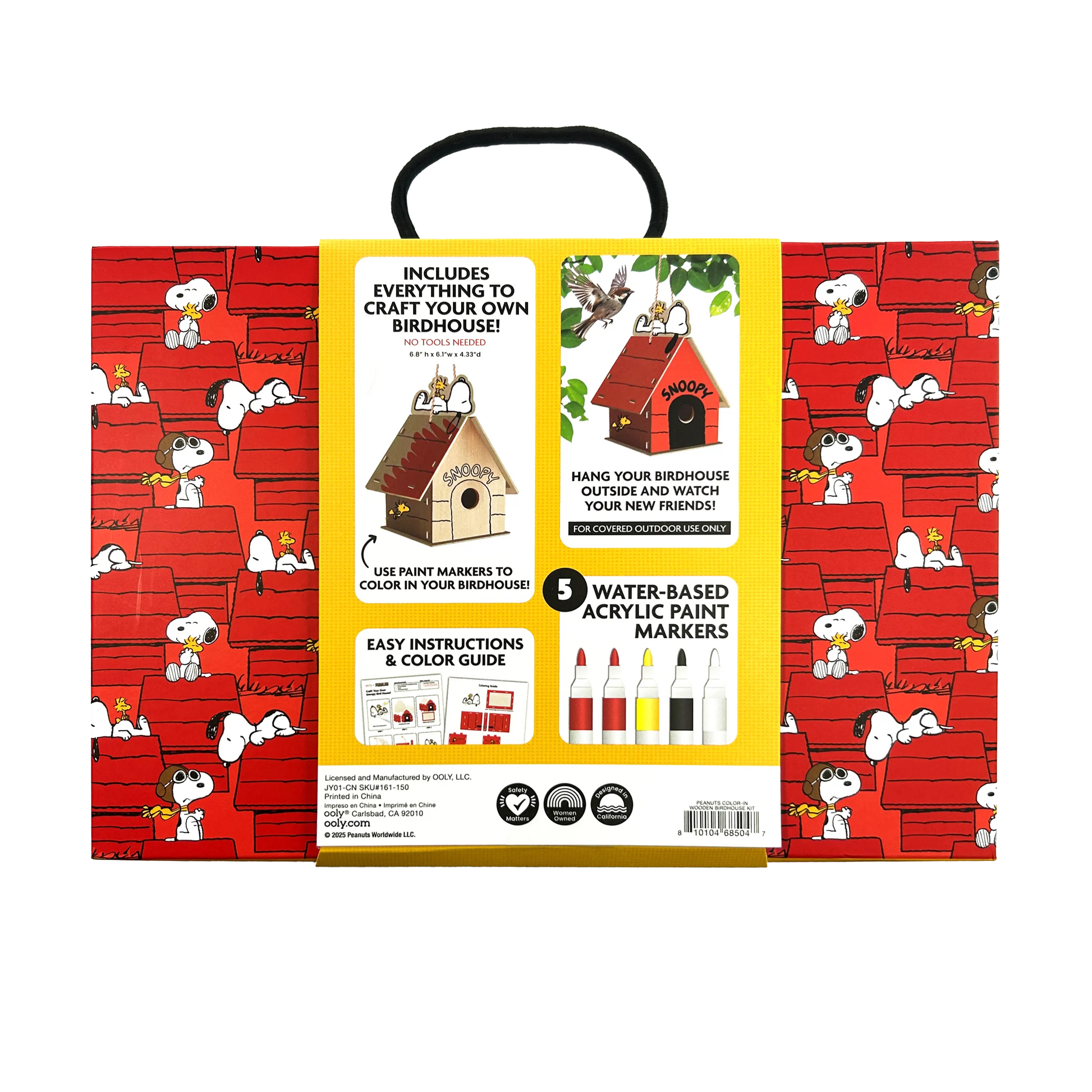 Back of package of OOLY x Peanuts Color-in Wooden Birdhouse Kit