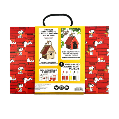Back of package of OOLY x Peanuts Color-in Wooden Birdhouse Kit