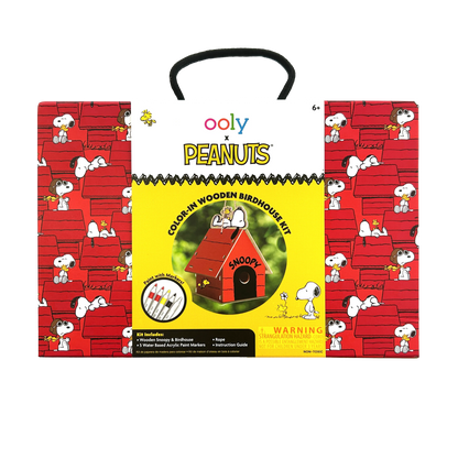 Front package of OOLY x Peanuts Color-in Wooden Birdhouse Kit