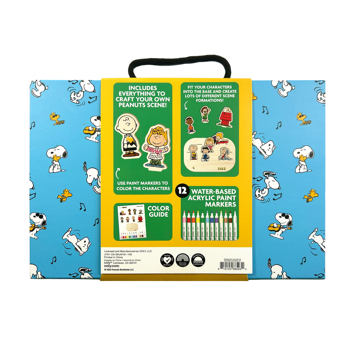 Back of packaging of OOLY x Peanuts Color-In Wooden Scene Kit