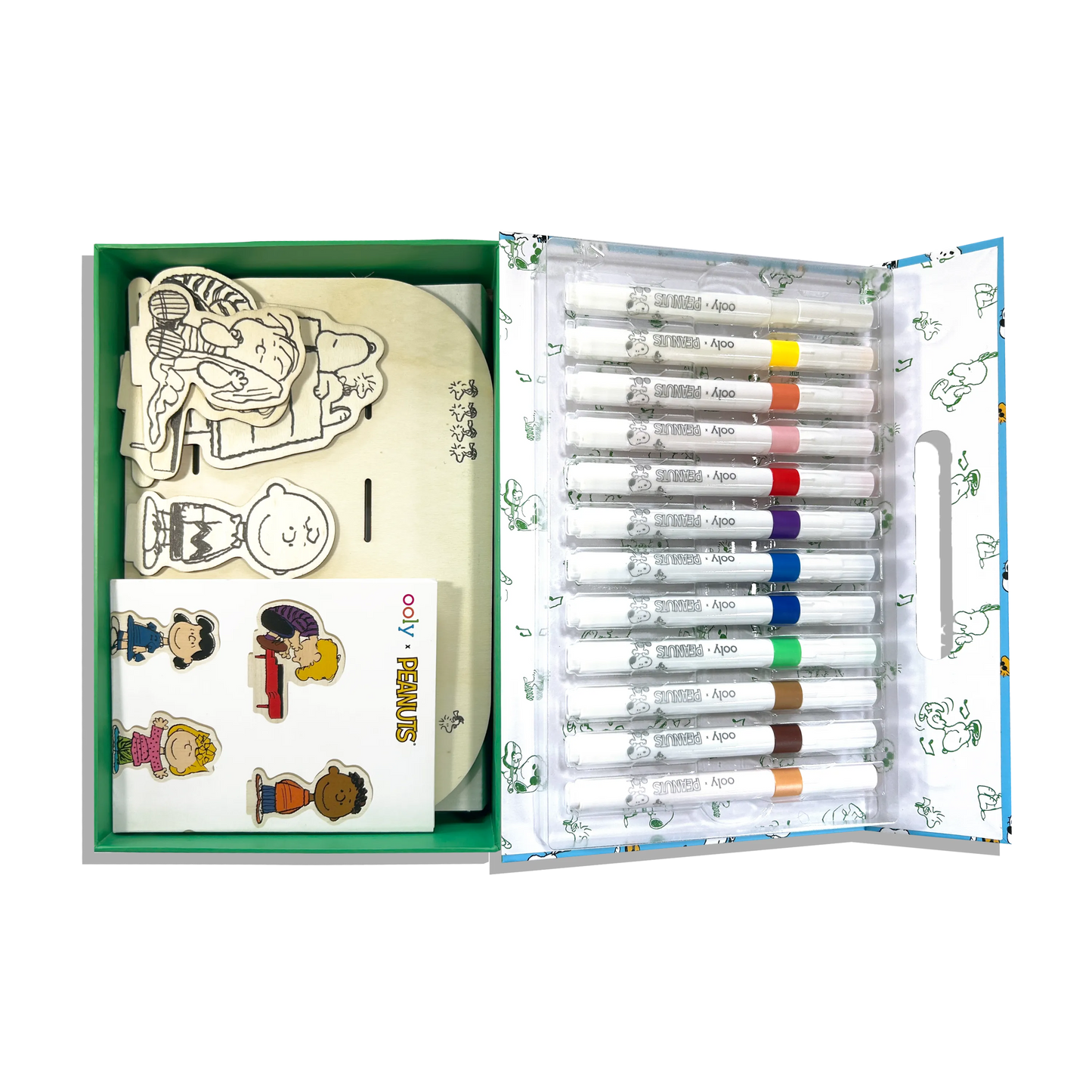 Open set showing contents of the OOLY x Peanuts Color-In Wooden Scene Kit