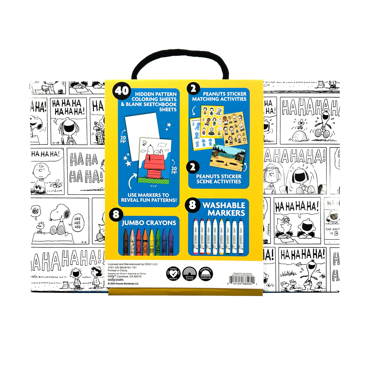 Back of packaging from the OOLY x Peanuts Coloring Activity & Sticker Kit
