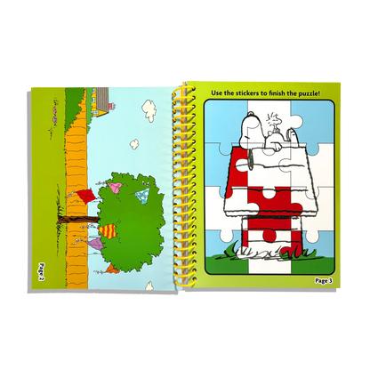 Open activity kit sowing sticker page and puzzle from the OOLY x Peanuts Coloring Activity & Sticker Kit