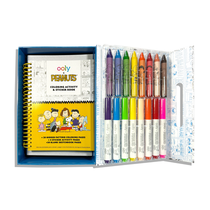 Open set showing activity book, crayons and markers from the OOLY x Peanuts Coloring Activity & Sticker Kit