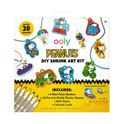 Front of packaging of OOLY x Peanuts DIY Shrink Art Kit