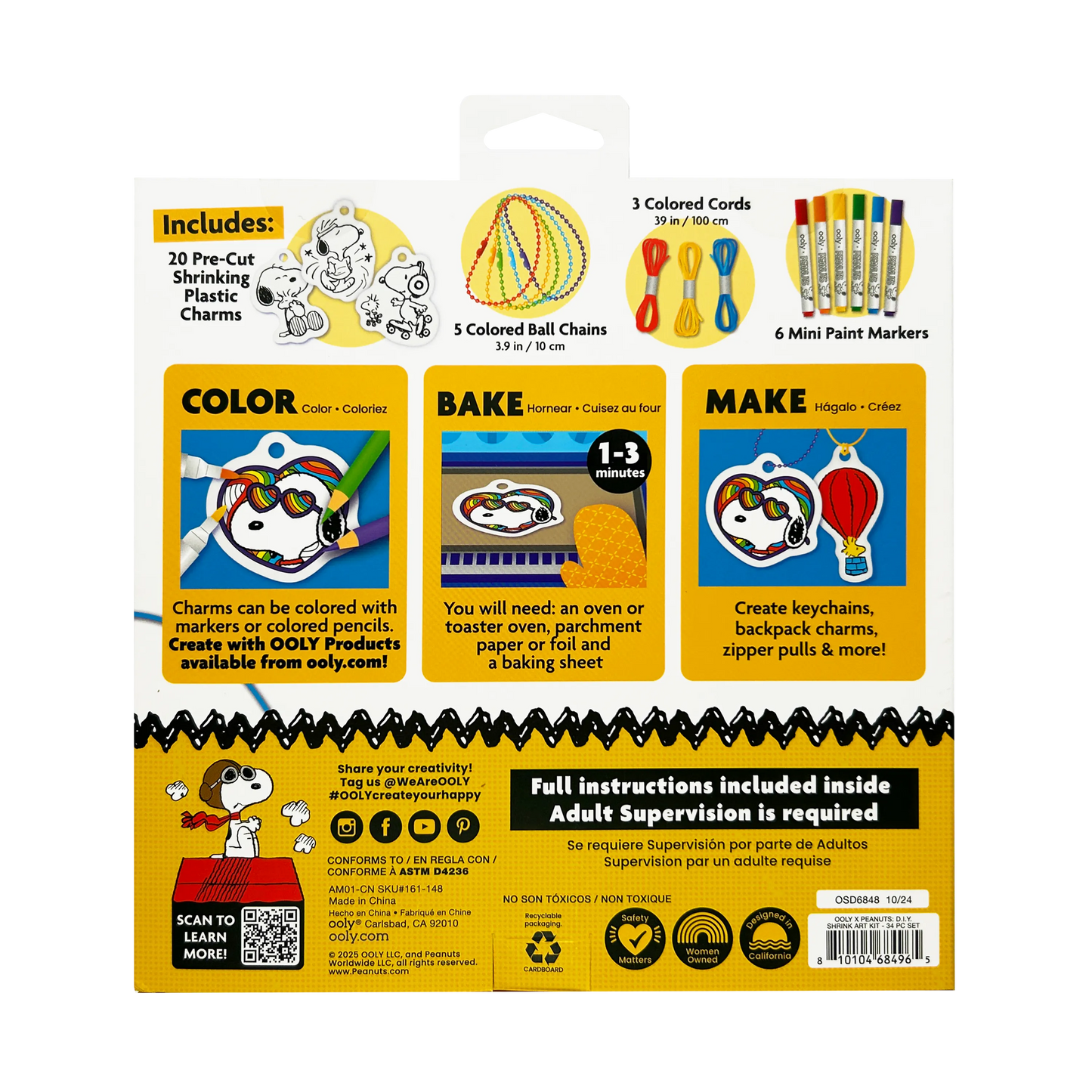 Back of packaging of the OOLY x Peanuts DIY Shrink Art Kit