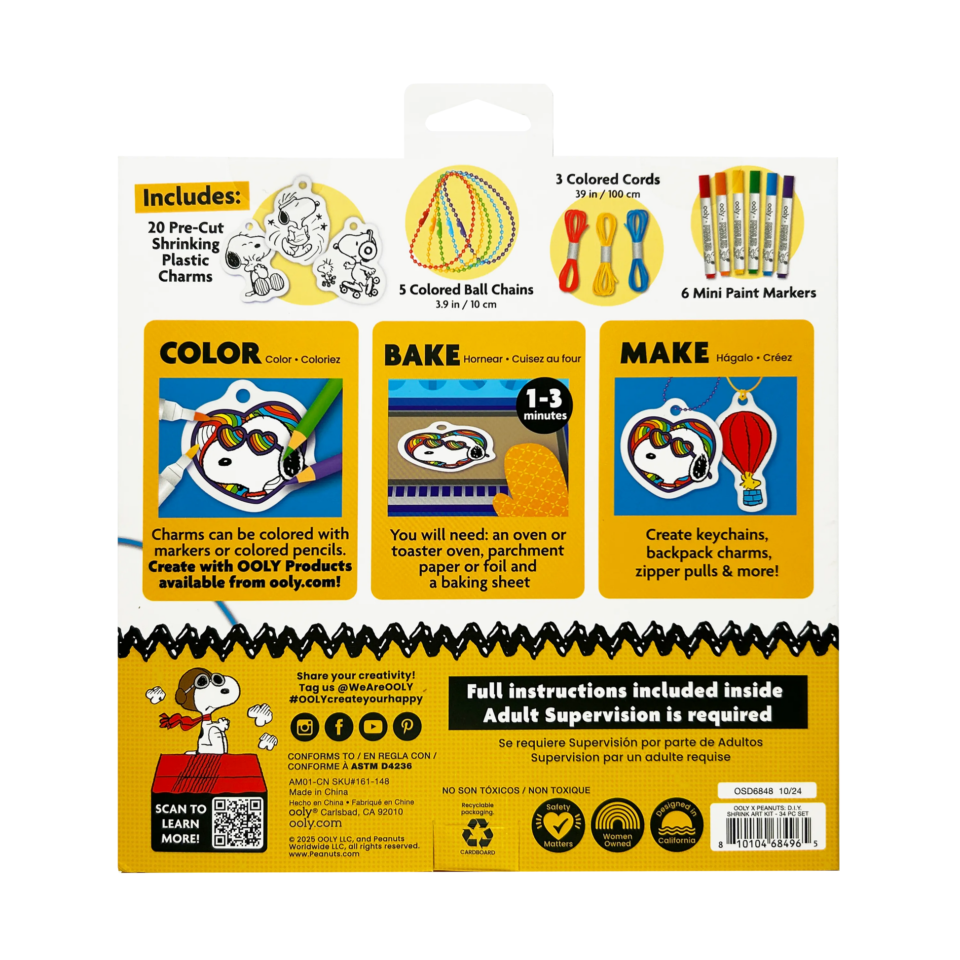 Back of packaging of the OOLY x Peanuts DIY Shrink Art Kit