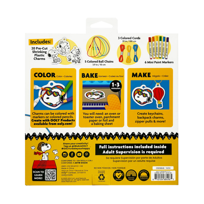 Back of packaging of the OOLY x Peanuts DIY Shrink Art Kit