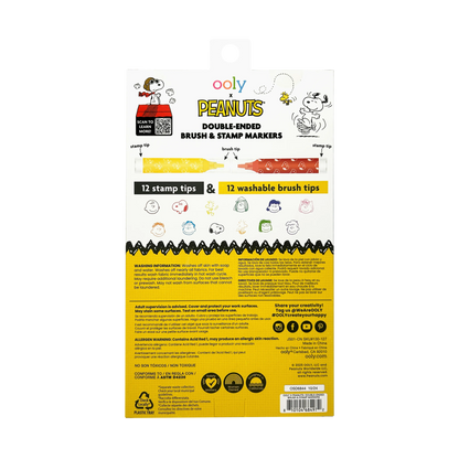 Back of packaging of OOLY x Peanuts Double-Ended Brush & Stamp Markers