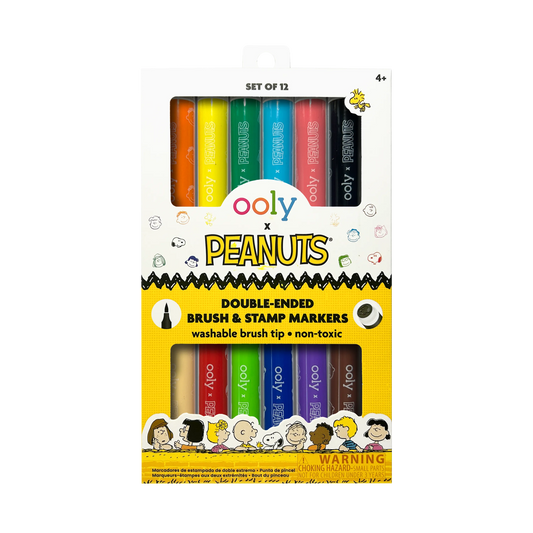 Front of packaging of the OOLY x Peanuts Double-Ended Brush & Stamp Markers