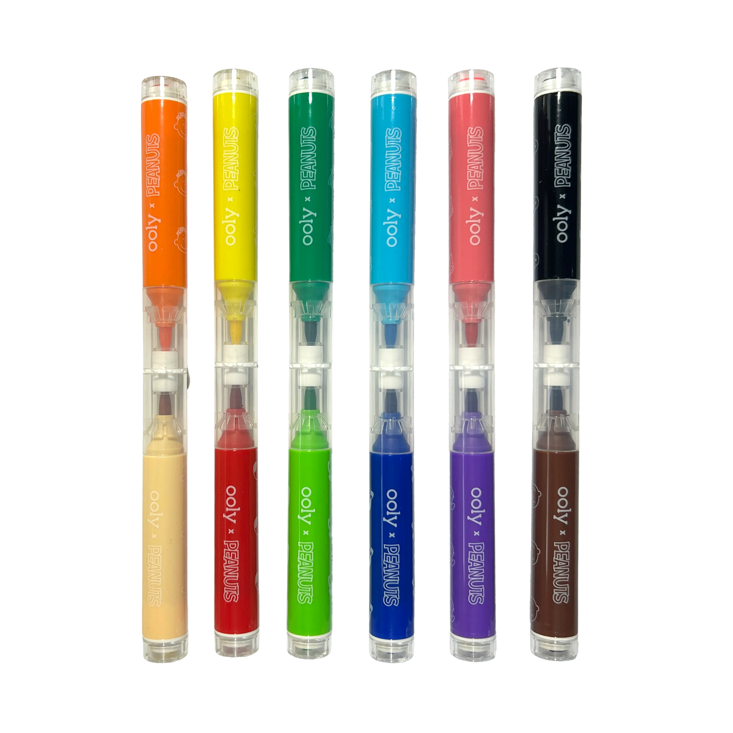 Row of OOLY x Peanuts Double-Ended Brush & Stamp Markers with caps