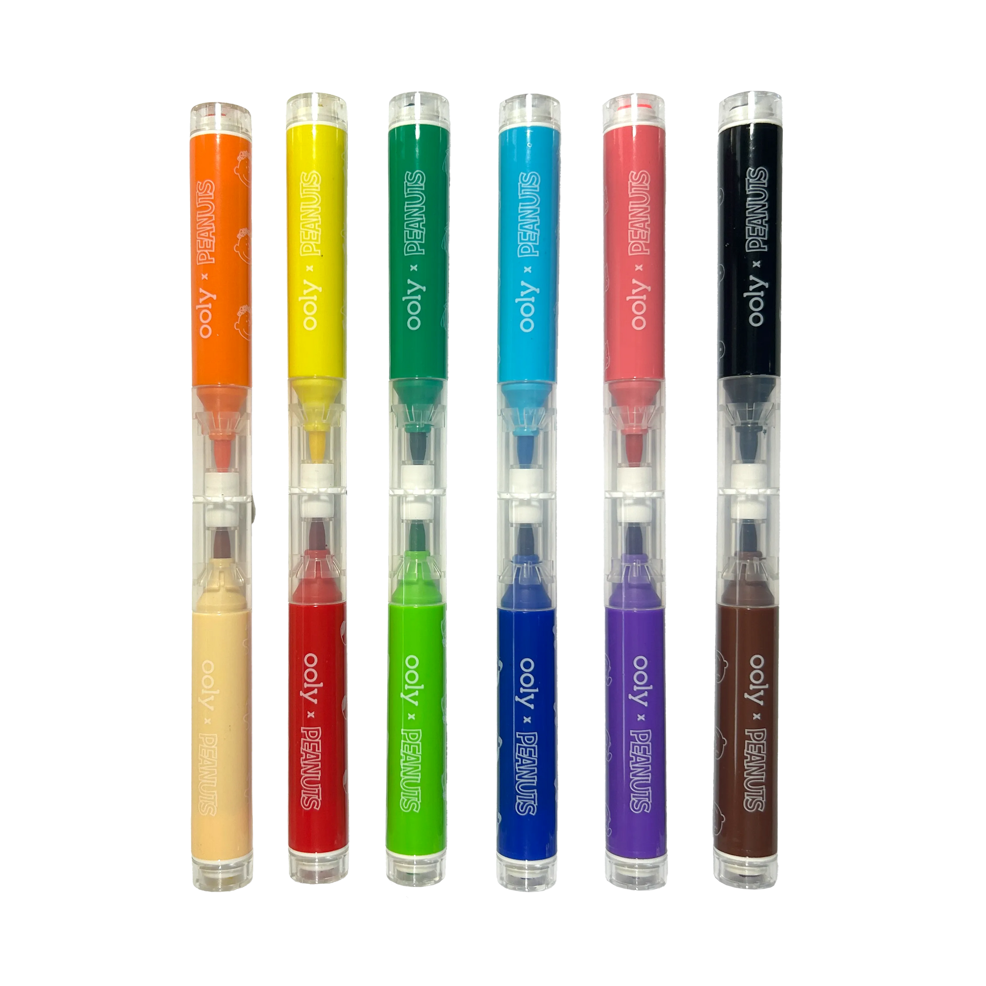 Row of OOLY x Peanuts Double-Ended Brush & Stamp Markers with caps