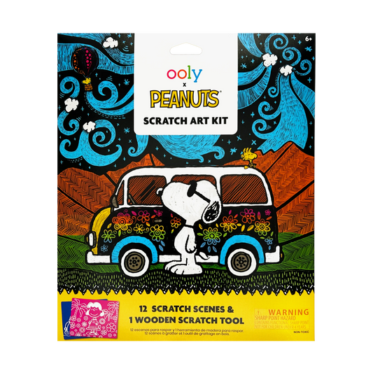 Front of packaging of OOLY x Peanuts Scratch Art Kit