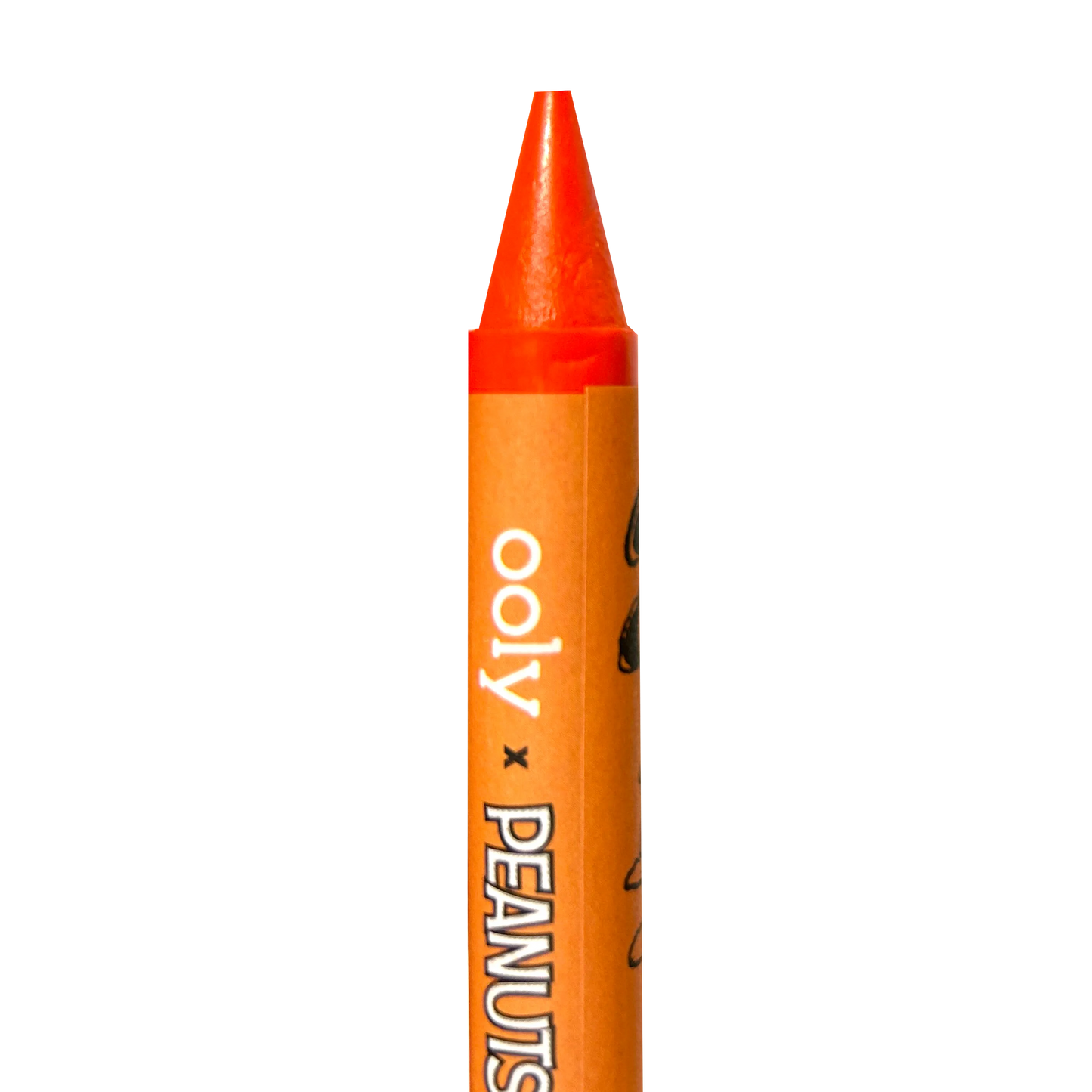 Close up of orange jumbo crayon from the OOLY x Peanuts Snoopy School Coloring Travel Kit