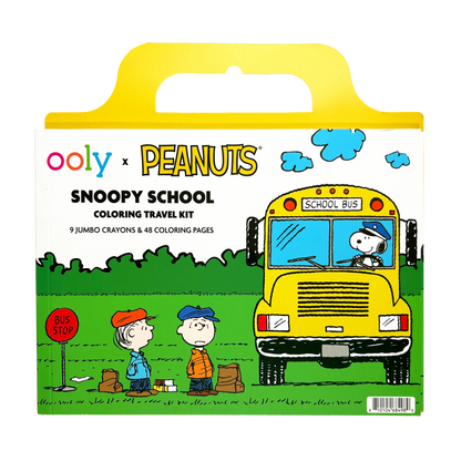 Back of packaging from the OOLY x Peanuts Snoopy School Coloring Travel Kit