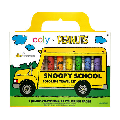 Front of packaging of OOLY x Peanuts Snoopy School Coloring Travel Kit