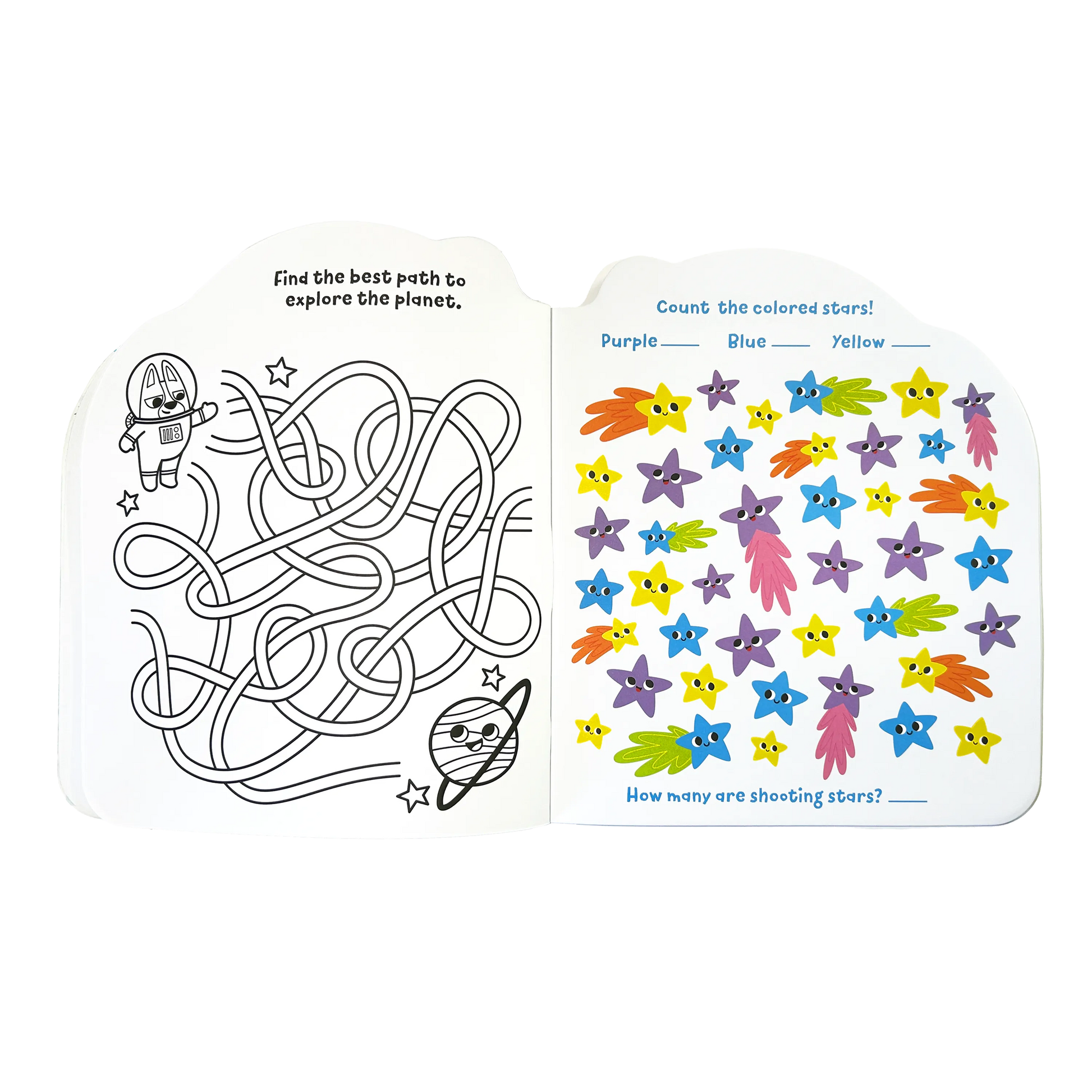 Maze and star game in open book from OOLY Playful Pages Activity Book - Games Coloring Stickers - Pets in Space