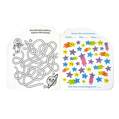 Maze and star game in open book from OOLY Playful Pages Activity Book - Games Coloring Stickers - Pets in Space