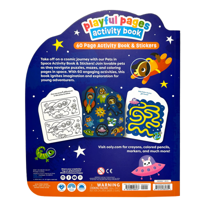 Back cover of OOLY Playful Pages Activity Book - Games Coloring Stickers - Pets in Space