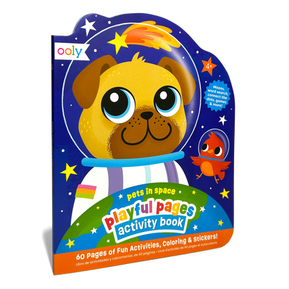 Quarter angle of front cover of OOLY Playful Pages Activity Book - Games Coloring Stickers - Pets in Space