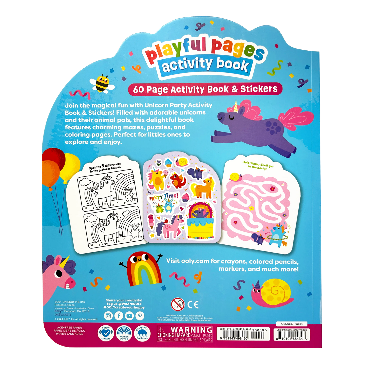 Back cover of OOLY Playful Pages Activity Book - Games Coloring Stickers - Unicorn Party!