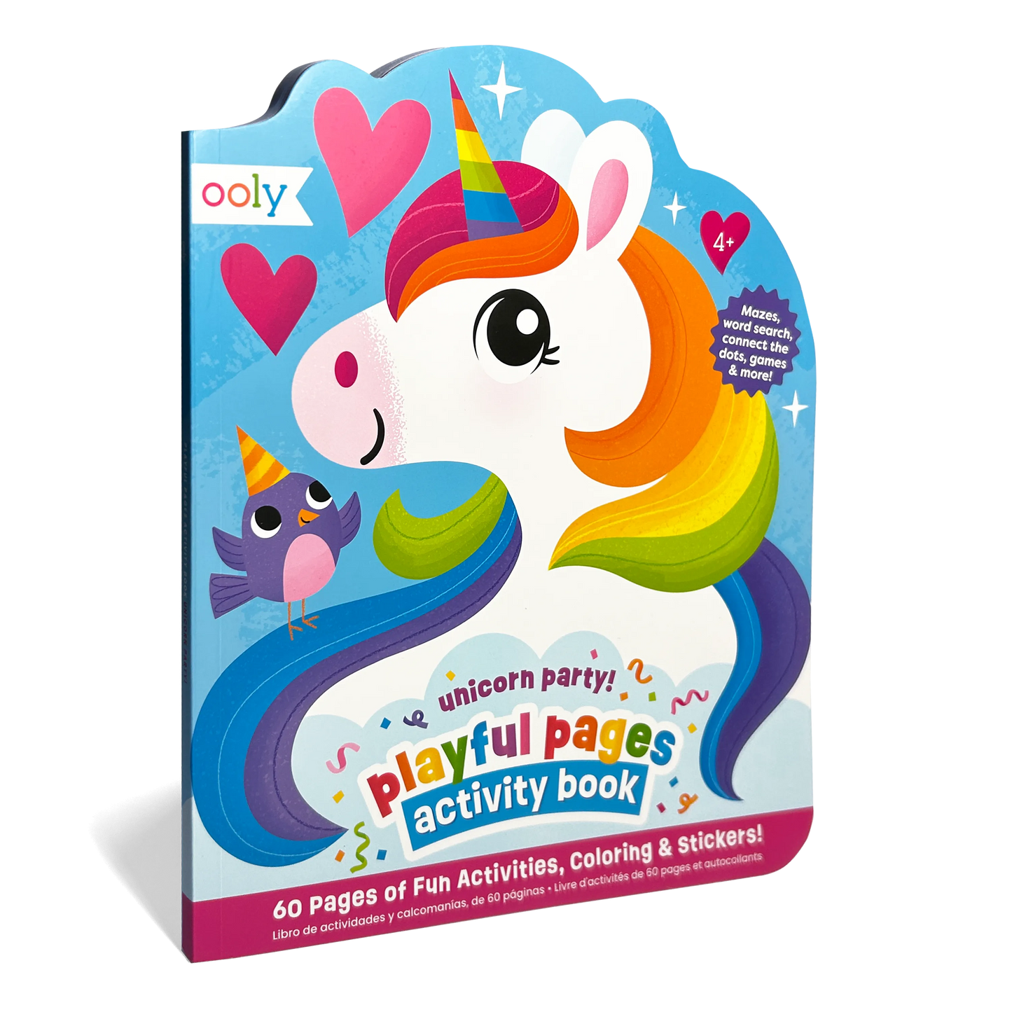 Quarter angle of front cover of OOLY Playful Pages Activity Book - Games Coloring Stickers - Unicorn Party!