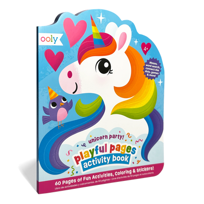 Quarter angle of front cover of OOLY Playful Pages Activity Book - Games Coloring Stickers - Unicorn Party!