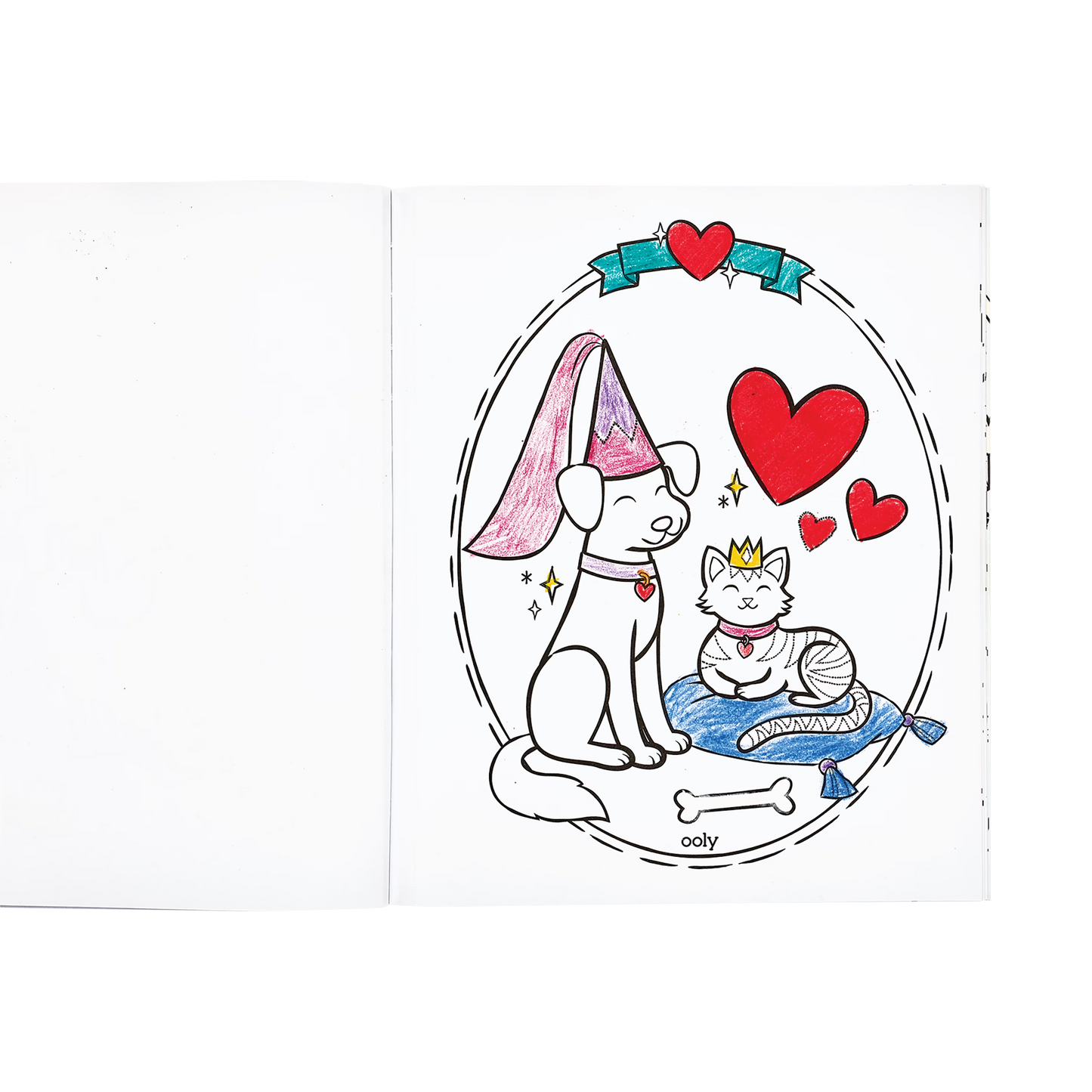 Colored page of dog and cat in Princesses and Fairies Coloring Book