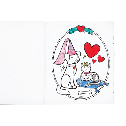 Colored page of dog and cat in Princesses and Fairies Coloring Book