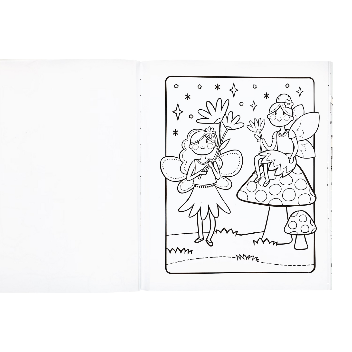 Uncolored fairies sitting on mushrooms from the OOLY Princesses and Fairies Coloring Book