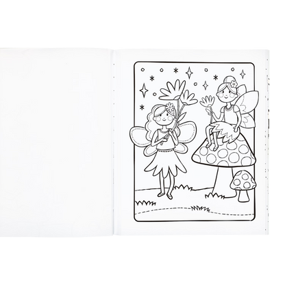 Uncolored fairies sitting on mushrooms from the OOLY Princesses and Fairies Coloring Book