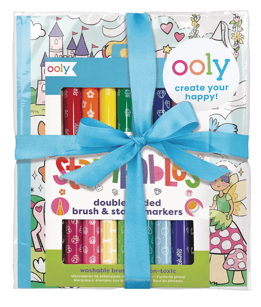 OOLY Princess & Fairies Stampable Coloring Giftables Pack in blue ribbon wrapping