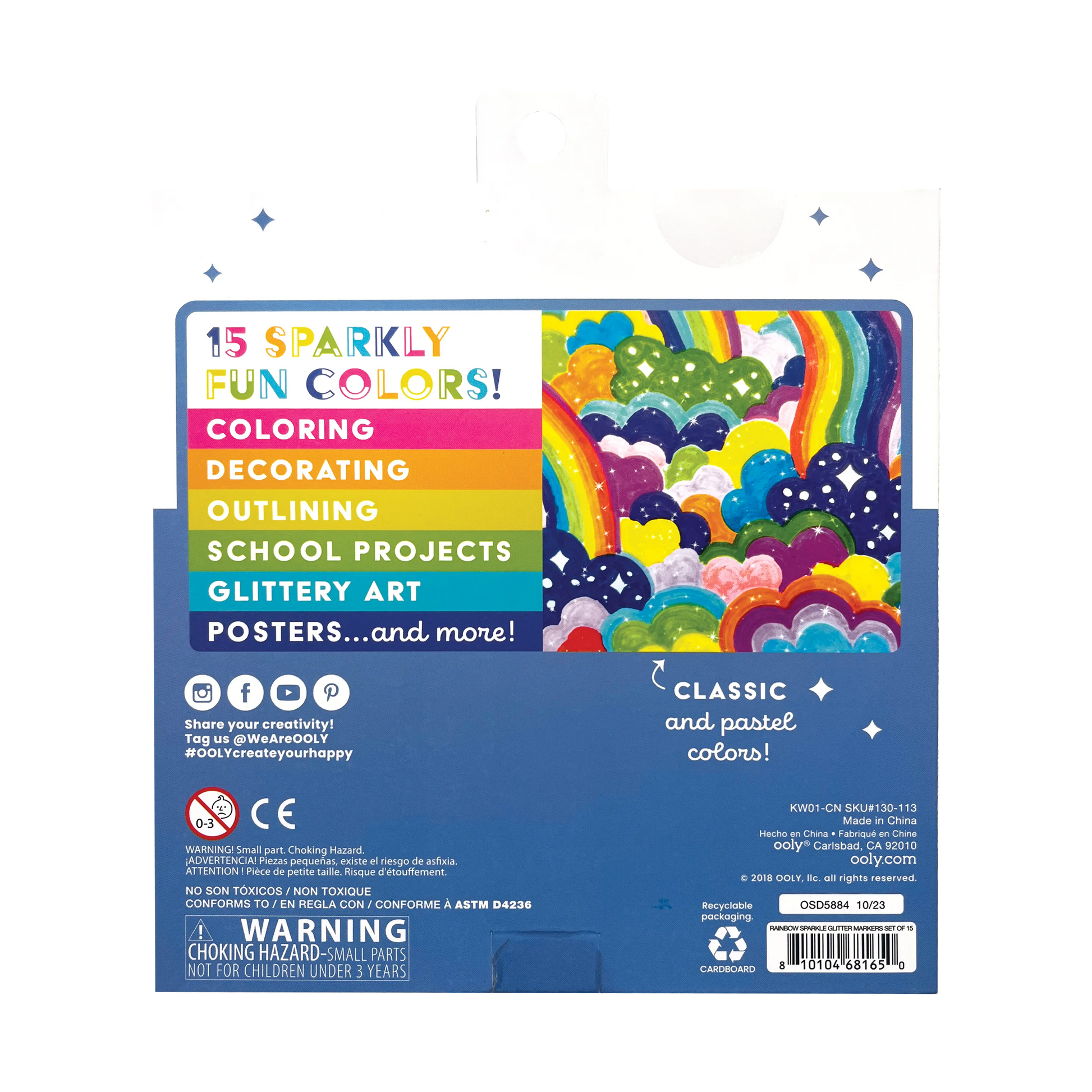 Back of packaging of OOLY Rainbow Sparkle Glitter Markers
