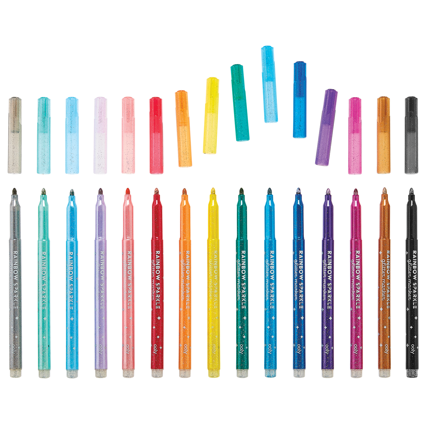 Row of uncapped markers from the OOLY Rainbow Sparkle Glitter Markers