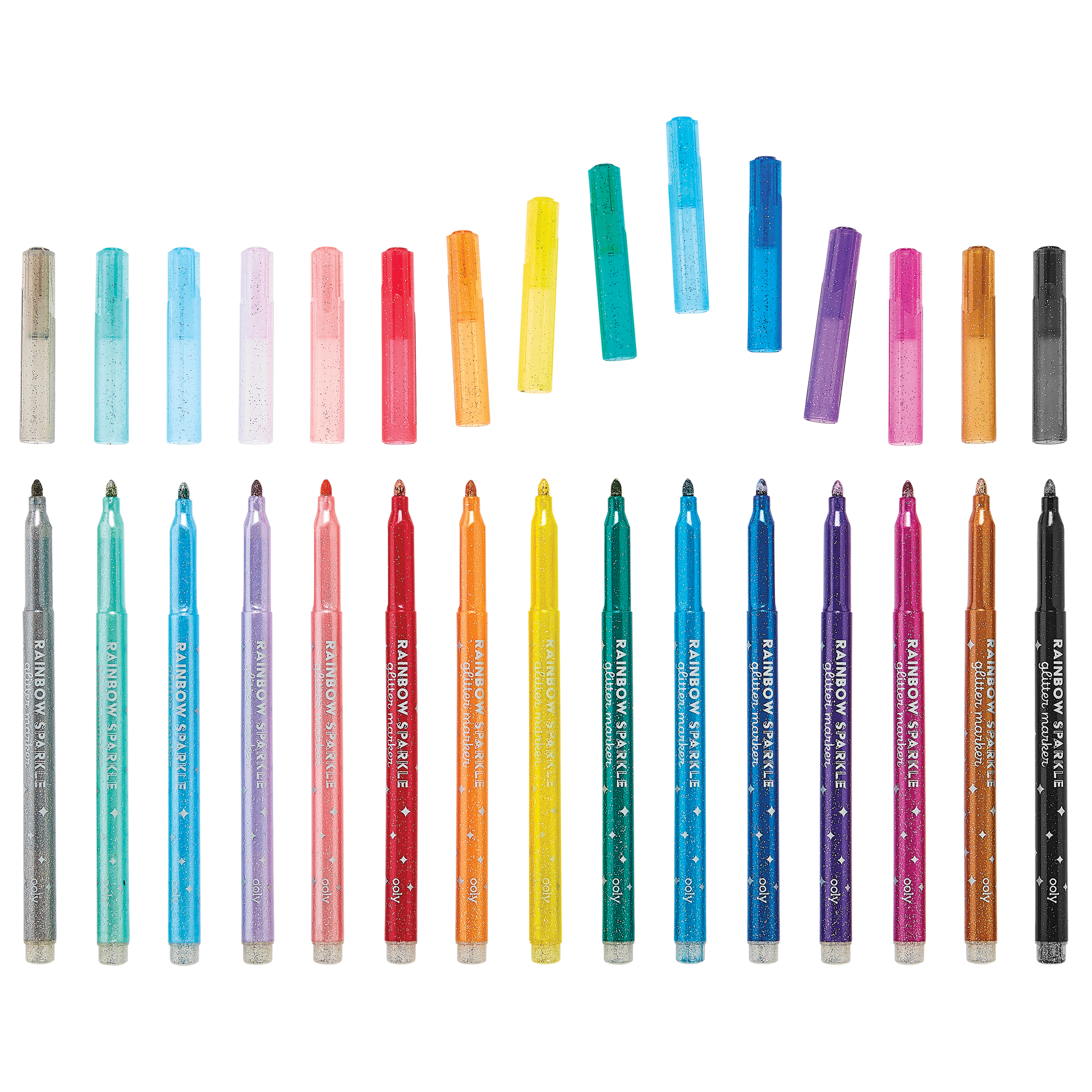 Row of uncapped markers from the OOLY Rainbow Sparkle Glitter Markers
