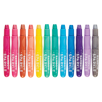 OOLY Rainbow Sparkle Metallic Watercolor Gel Crayons - Set of 12 row of uncapped crayons