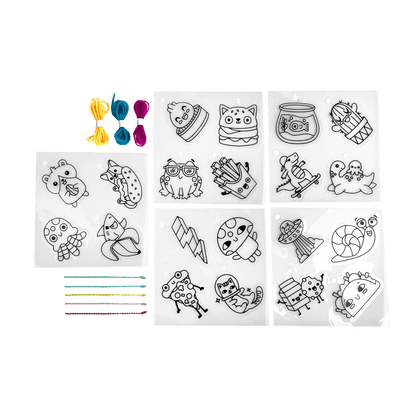 Content of Shrink-its! DIY Shrink Art Kit - Fun Friends including shrink sheets, colored ball chains and colored cords